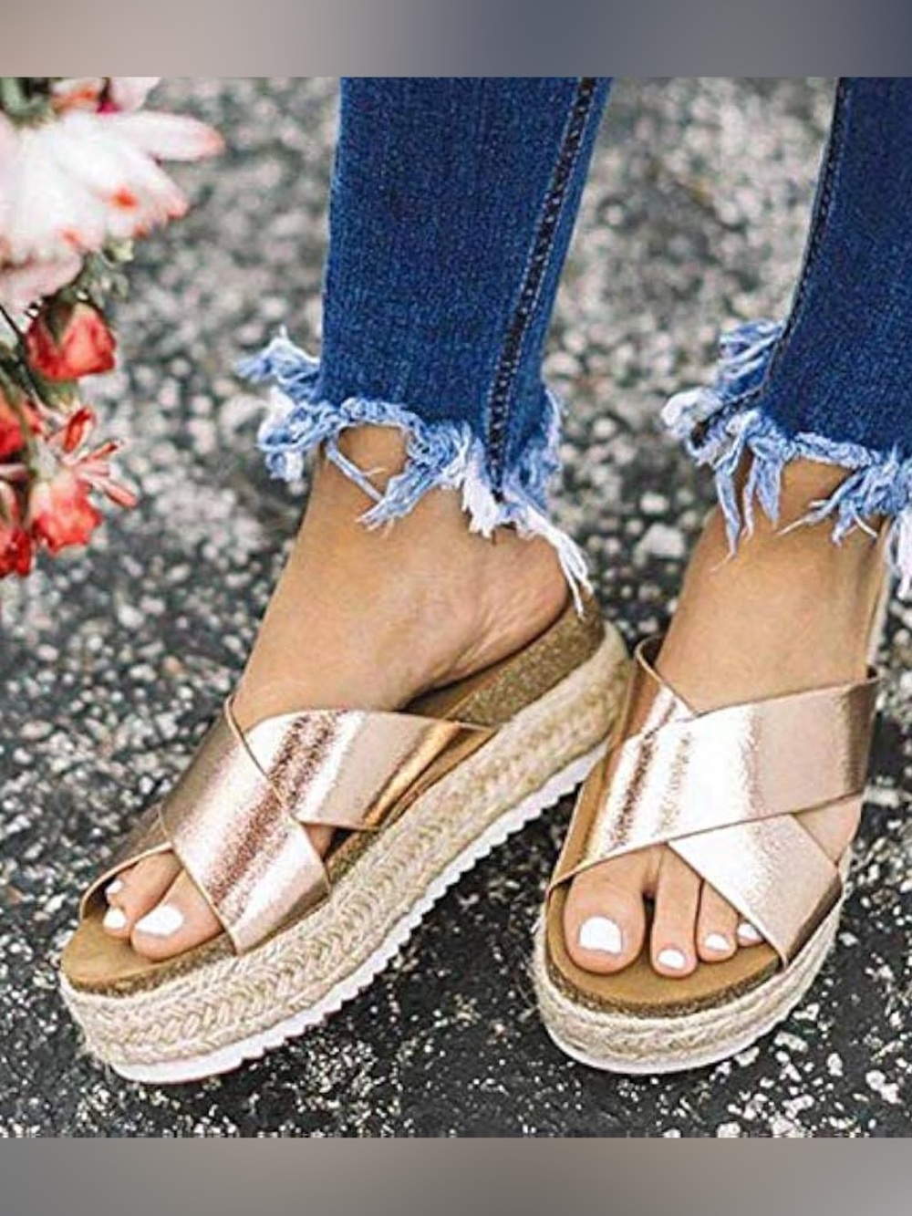 Nature Breeze Criss-Cross Platform Espadrille Slide Sandals in Rose Gold